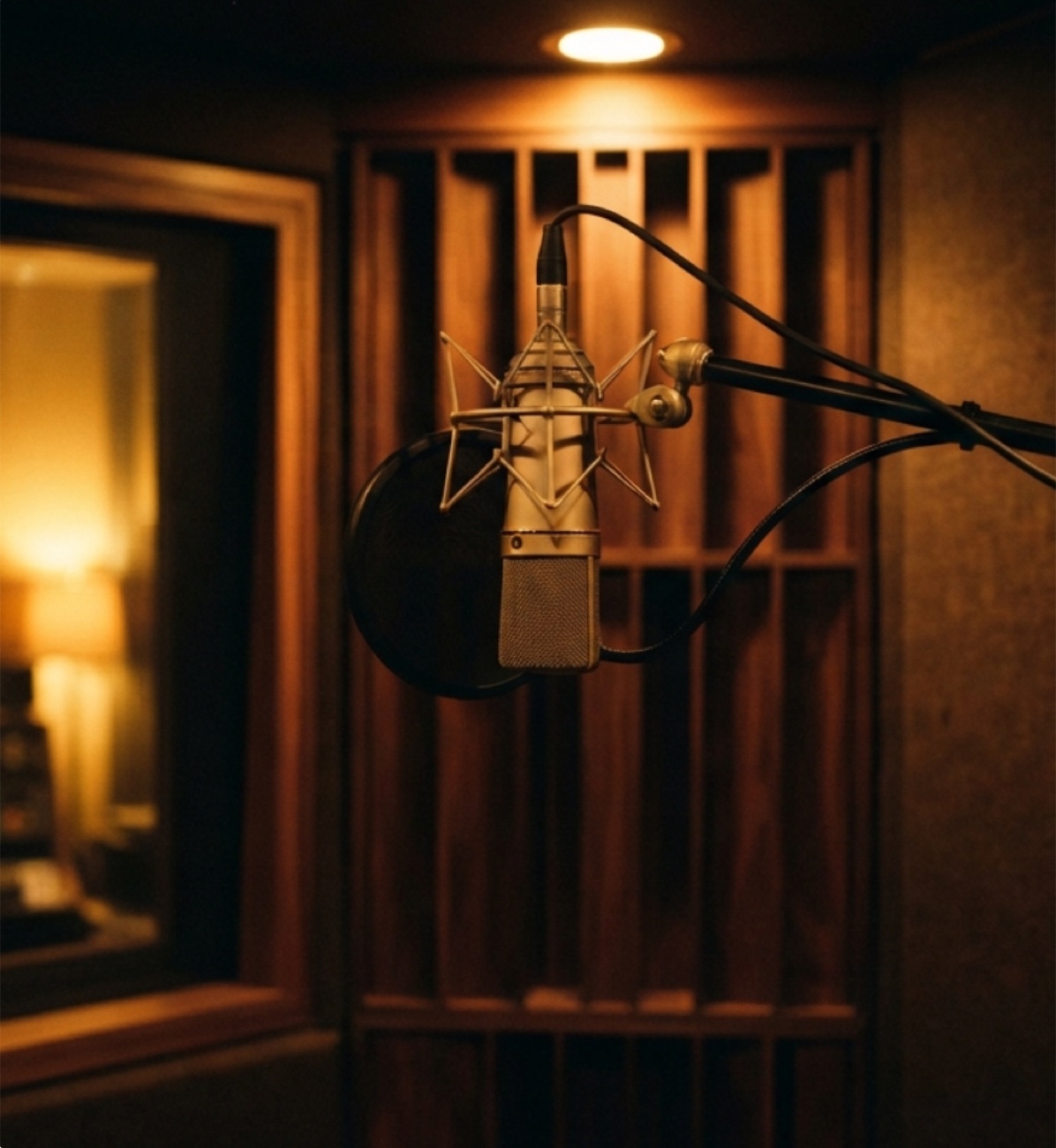 A large diaphragm condenser microphone on a boom arm inside a warmly lit vocal booth at The Recording Club.